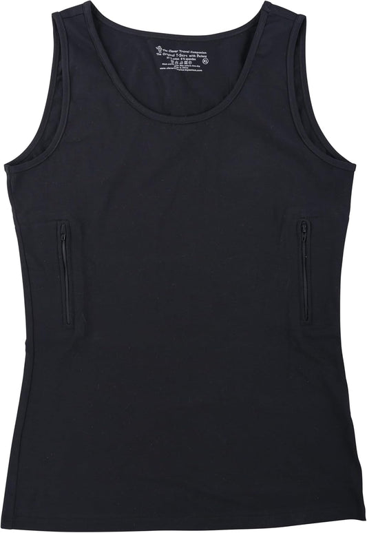 Clever Travel Companion Womens Tank Top with 2 Hidden Zipper Pockets, 100% Pickpocket Proof Holiday Tour Sleeveless Tee Shirt