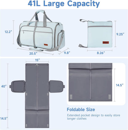 ‌ Foldable Garment Duffle Bags for Travel, Carry On Convertible Duffel Bag with Shoe Compartment & Water Resistant Fabric, 2-in-1 Hanging Suit Organizer, Mint Green