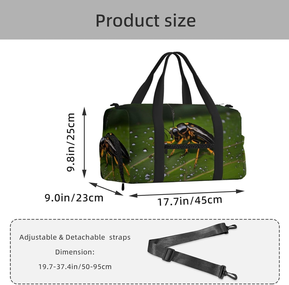 Insects on leaves Duffel Bag with Shoe Compartment-Sports Gym Weekender for Men Women, Waterproof Travel Tote with Wet Pocket for Dirty Shoes