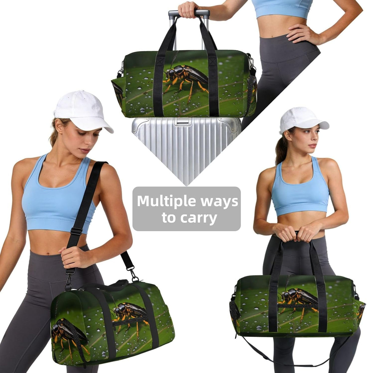 Insects on leaves Duffel Bag with Shoe Compartment-Sports Gym Weekender for Men Women, Waterproof Travel Tote with Wet Pocket for Dirty Shoes