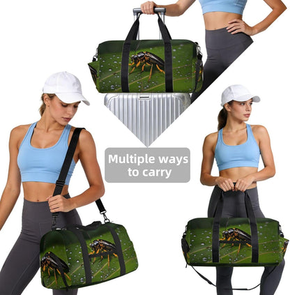 Insects on leaves Duffel Bag with Shoe Compartment-Sports Gym Weekender for Men Women, Waterproof Travel Tote with Wet Pocket for Dirty Shoes