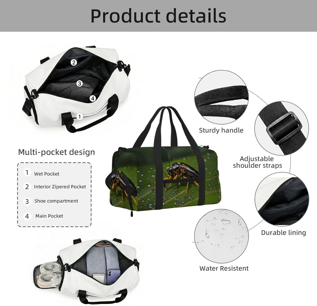 Insects on leaves Duffel Bag with Shoe Compartment-Sports Gym Weekender for Men Women, Waterproof Travel Tote with Wet Pocket for Dirty Shoes