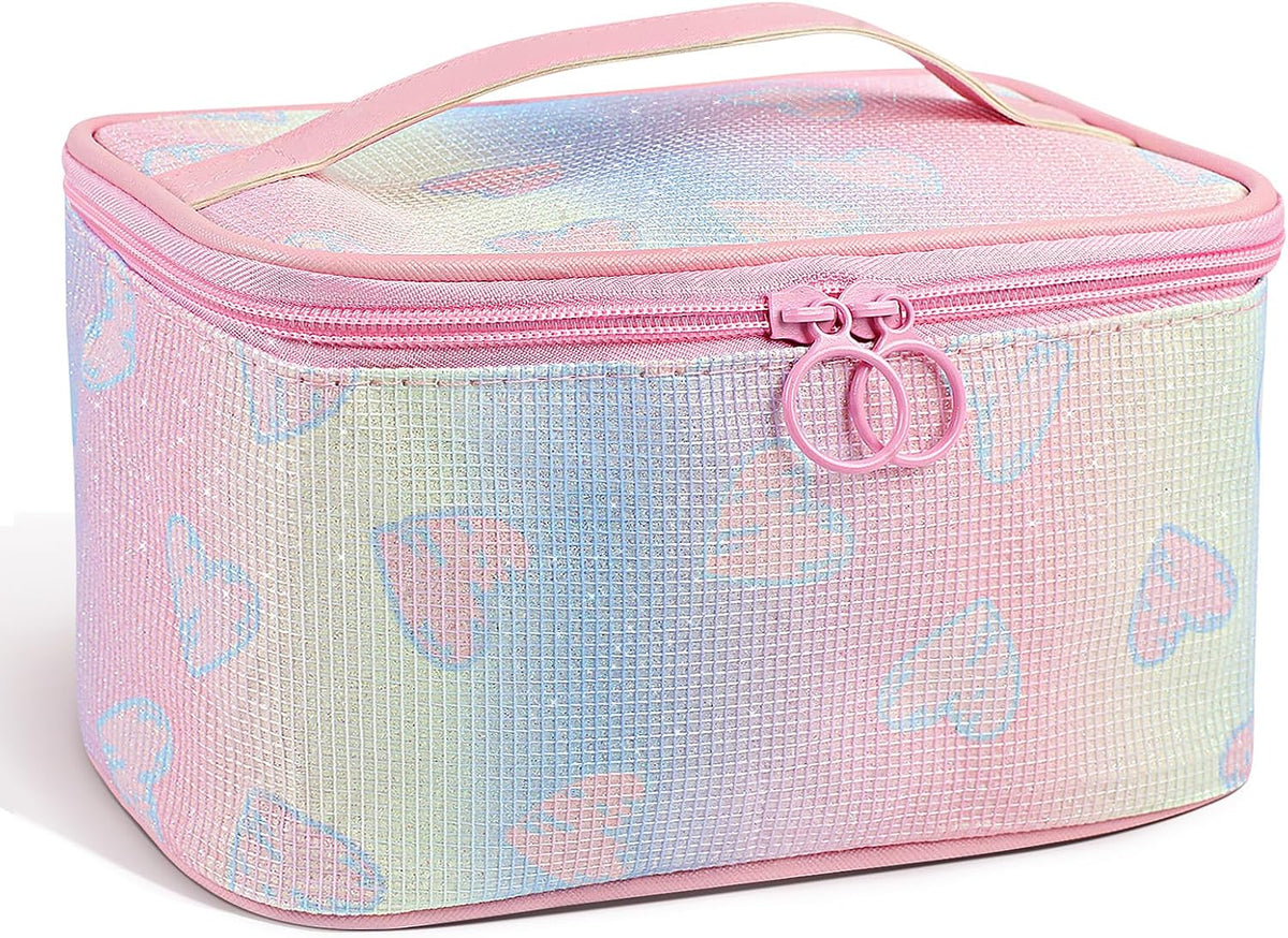 Makeup Bag, Travel Makeup Case Organizer With Handle and Divider, Make Up Box for Women, Cute Cosmetic Bag for Girls Sister Gifts