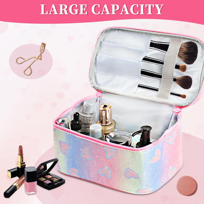 Makeup Bag, Travel Makeup Case Organizer With Handle and Divider, Make Up Box for Women, Cute Cosmetic Bag for Girls Sister Gifts