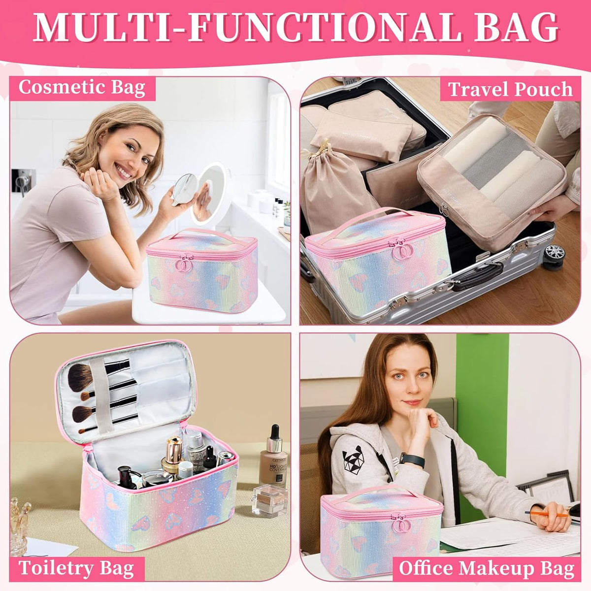 Makeup Bag, Travel Makeup Case Organizer With Handle and Divider, Make Up Box for Women, Cute Cosmetic Bag for Girls Sister Gifts