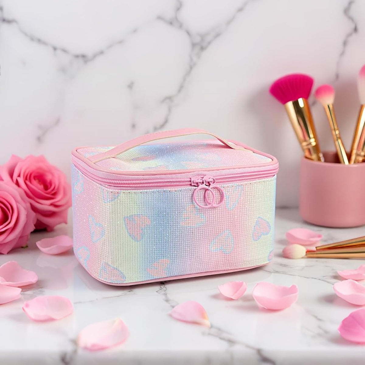 Makeup Bag, Travel Makeup Case Organizer With Handle and Divider, Make Up Box for Women, Cute Cosmetic Bag for Girls Sister Gifts