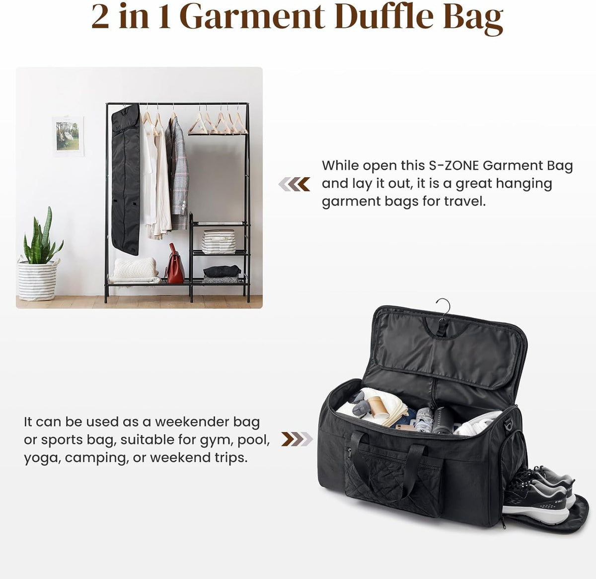 Garment Duffle Bags Travel Carry on Overnight Weekender Men Women | Lightweight Water-Resistant Fabric, 2-in-1 Hanging Suitcase, Toiletry Bag, Trolley Sleeve, Off-white