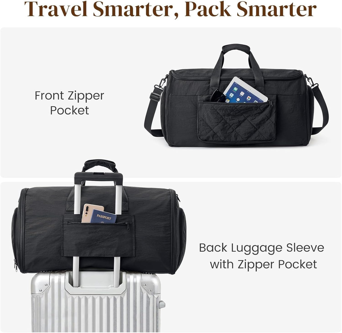 Garment Duffle Bags Travel Carry on Overnight Weekender Men Women | Lightweight Water-Resistant Fabric, 2-in-1 Hanging Suitcase, Toiletry Bag, Trolley Sleeve, Off-white