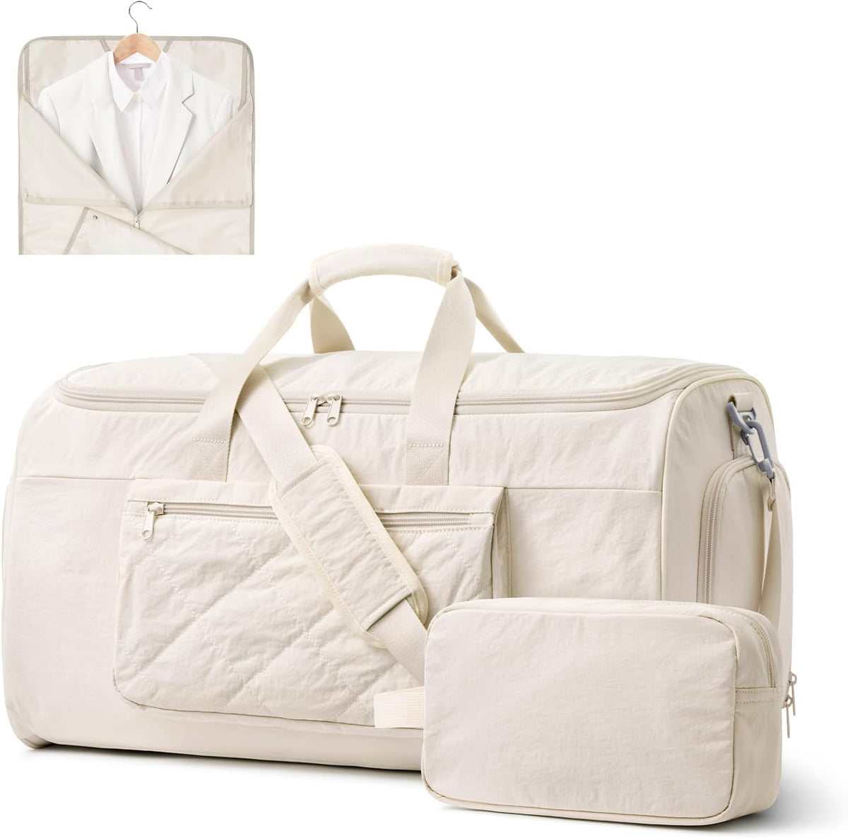 Garment Duffle Bags Travel Carry on Overnight Weekender Men Women | Lightweight Water-Resistant Fabric, 2-in-1 Hanging Suitcase, Toiletry Bag, Trolley Sleeve, Off-white