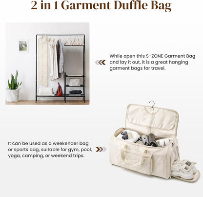 Garment Duffle Bags Travel Carry on Overnight Weekender Men Women | Lightweight Water-Resistant Fabric, 2-in-1 Hanging Suitcase, Toiletry Bag, Trolley Sleeve, Off-white