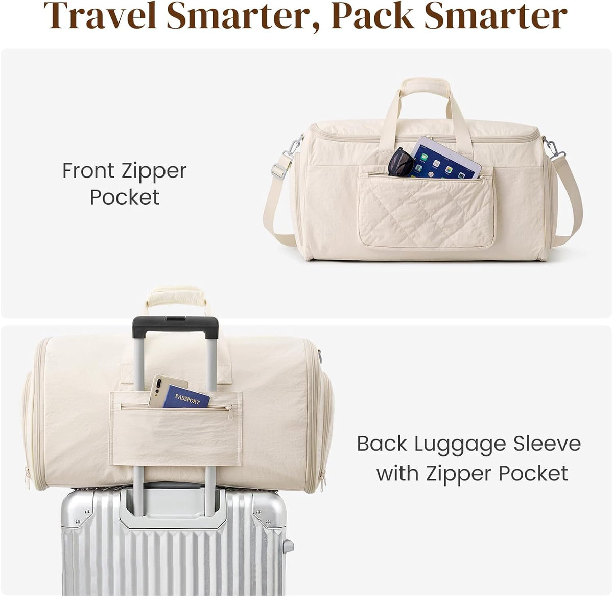 Garment Duffle Bags Travel Carry on Overnight Weekender Men Women | Lightweight Water-Resistant Fabric, 2-in-1 Hanging Suitcase, Toiletry Bag, Trolley Sleeve, Off-white