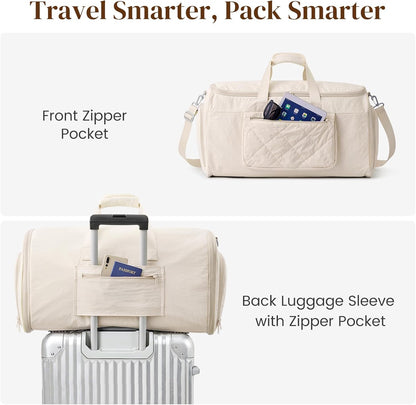 Garment Duffle Bags Travel Carry on Overnight Weekender Men Women | Lightweight Water-Resistant Fabric, 2-in-1 Hanging Suitcase, Toiletry Bag, Trolley Sleeve, Off-white