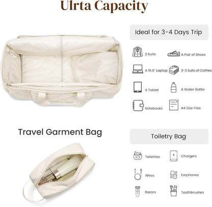 Garment Duffle Bags Travel Carry on Overnight Weekender Men Women | Lightweight Water-Resistant Fabric, 2-in-1 Hanging Suitcase, Toiletry Bag, Trolley Sleeve, Off-white