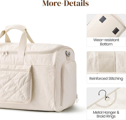 Garment Duffle Bags Travel Carry on Overnight Weekender Men Women | Lightweight Water-Resistant Fabric, 2-in-1 Hanging Suitcase, Toiletry Bag, Trolley Sleeve, Off-white