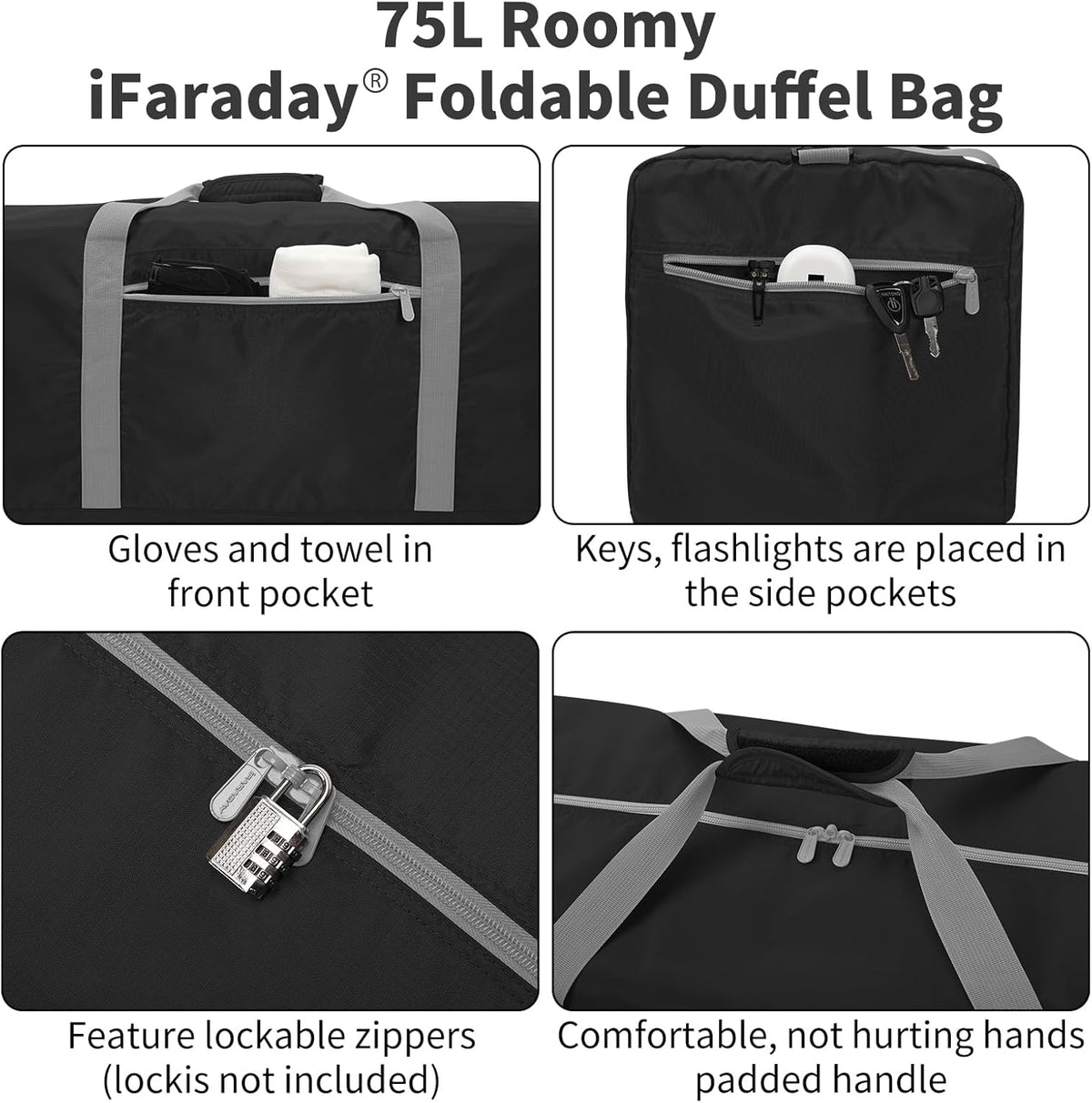 Foldable Duffel Bag 30 inch 75L Large Lightweight Luggage for Travel Camping Storage-Black