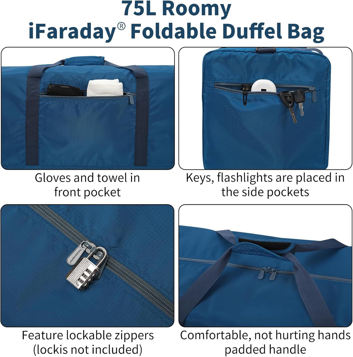 Foldable Duffel Bag 30 inch 75L Large Lightweight Luggage for Travel Camping Storage-Black
