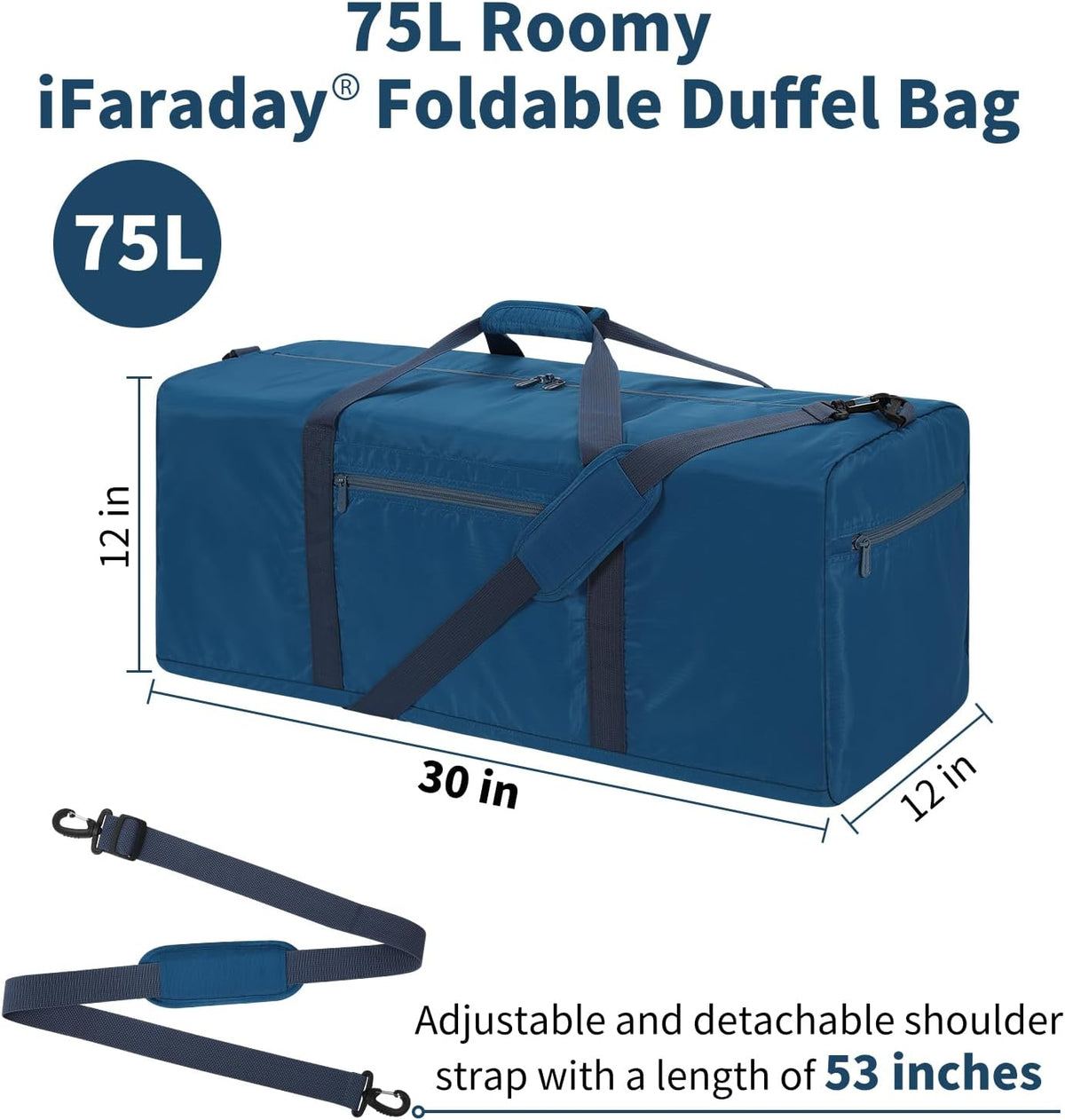 Foldable Duffel Bag 30 inch 75L Large Lightweight Luggage for Travel Camping Storage-Black