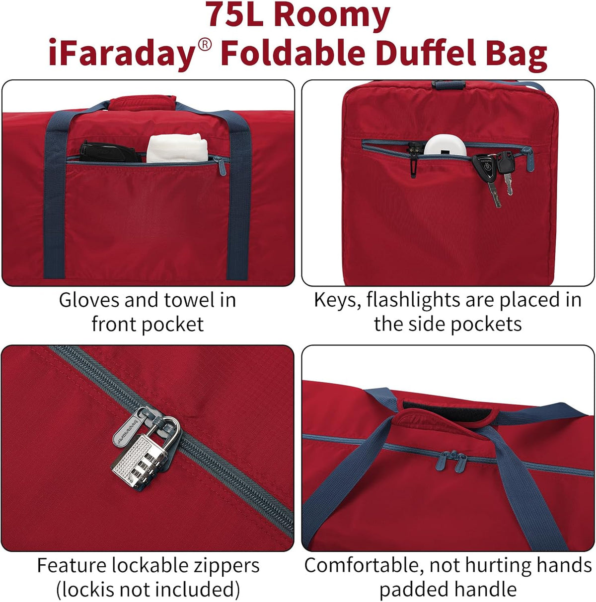 Foldable Duffel Bag 30 inch 75L Large Lightweight Luggage for Travel Camping Storage-Black
