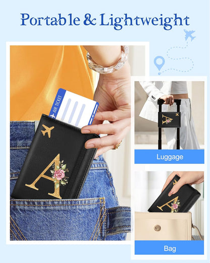 Initial Passport Holder Cover Wallet Case for Travel Women - Leather Letter Passport Book Family Multiple Personalized Organizer Card Slots Protector Sleeve Essentials Slim Carrier Black M