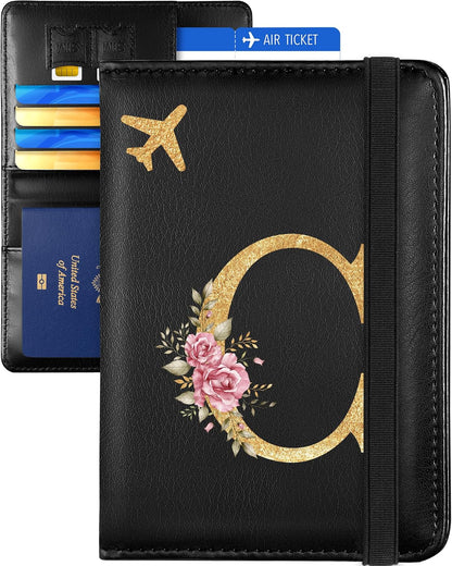 Initial Passport Holder Cover Wallet Case for Travel Women - Leather Letter Passport Book Family Multiple Personalized Organizer Card Slots Protector Sleeve Essentials Slim Carrier Black M