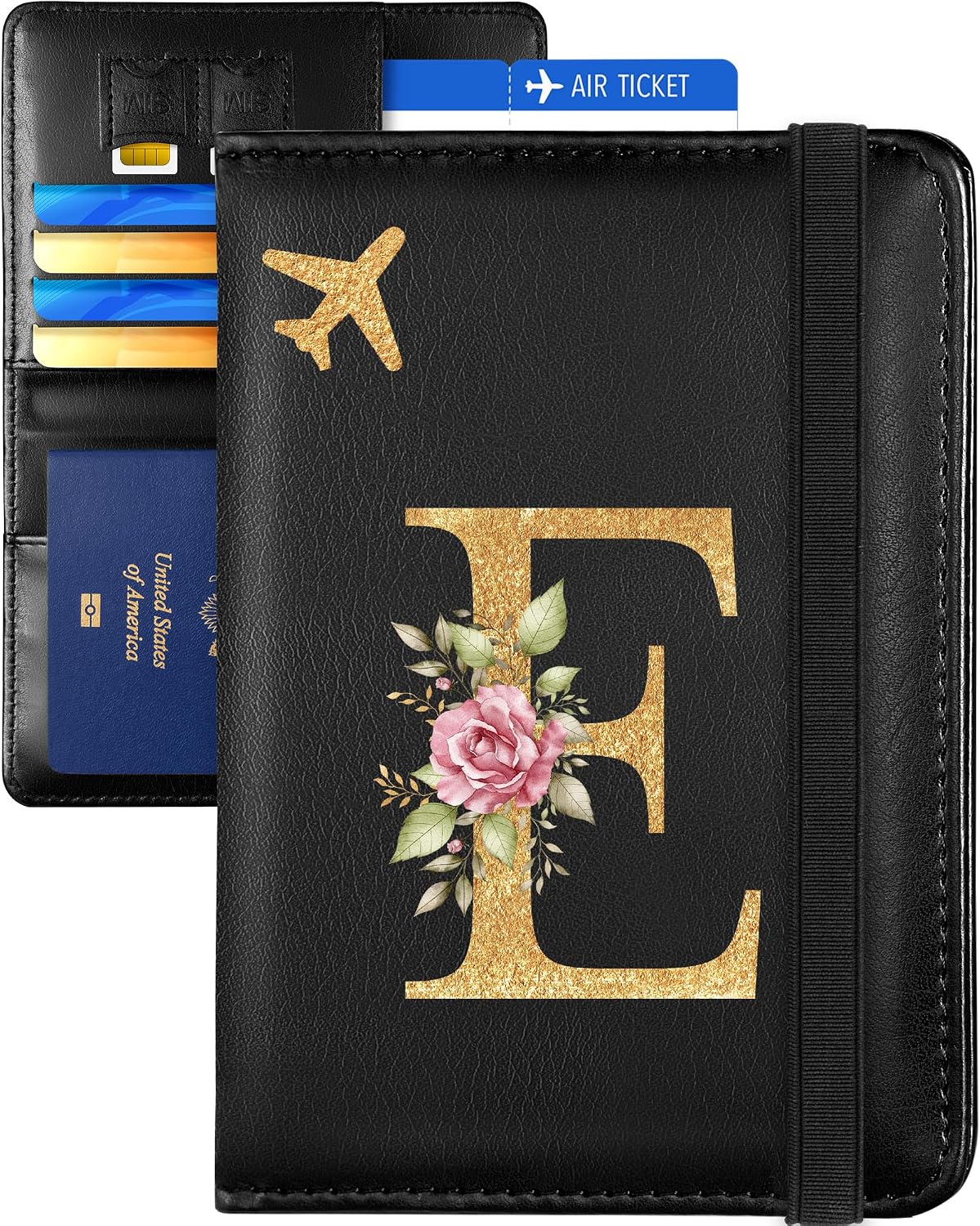 Initial Passport Holder Cover Wallet Case for Travel Women - Leather Letter Passport Book Family Multiple Personalized Organizer Card Slots Protector Sleeve Essentials Slim Carrier Black M