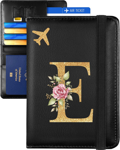Initial Passport Holder Cover Wallet Case for Travel Women - Leather Letter Passport Book Family Multiple Personalized Organizer Card Slots Protector Sleeve Essentials Slim Carrier Black M
