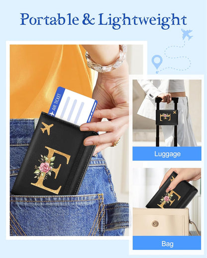 Initial Passport Holder Cover Wallet Case for Travel Women - Leather Letter Passport Book Family Multiple Personalized Organizer Card Slots Protector Sleeve Essentials Slim Carrier Black M