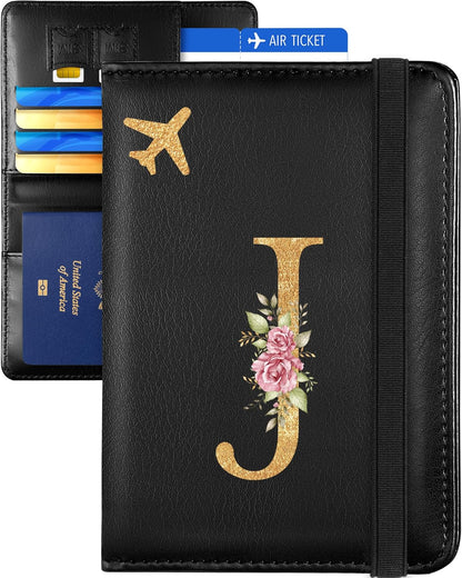 Initial Passport Holder Cover Wallet Case for Travel Women - Leather Letter Passport Book Family Multiple Personalized Organizer Card Slots Protector Sleeve Essentials Slim Carrier Black M