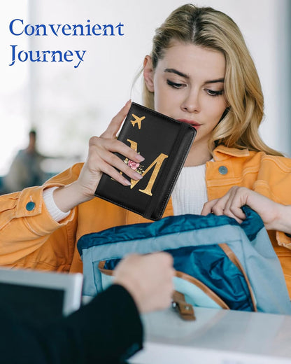 Initial Passport Holder Cover Wallet Case for Travel Women - Leather Letter Passport Book Family Multiple Personalized Organizer Card Slots Protector Sleeve Essentials Slim Carrier Black M