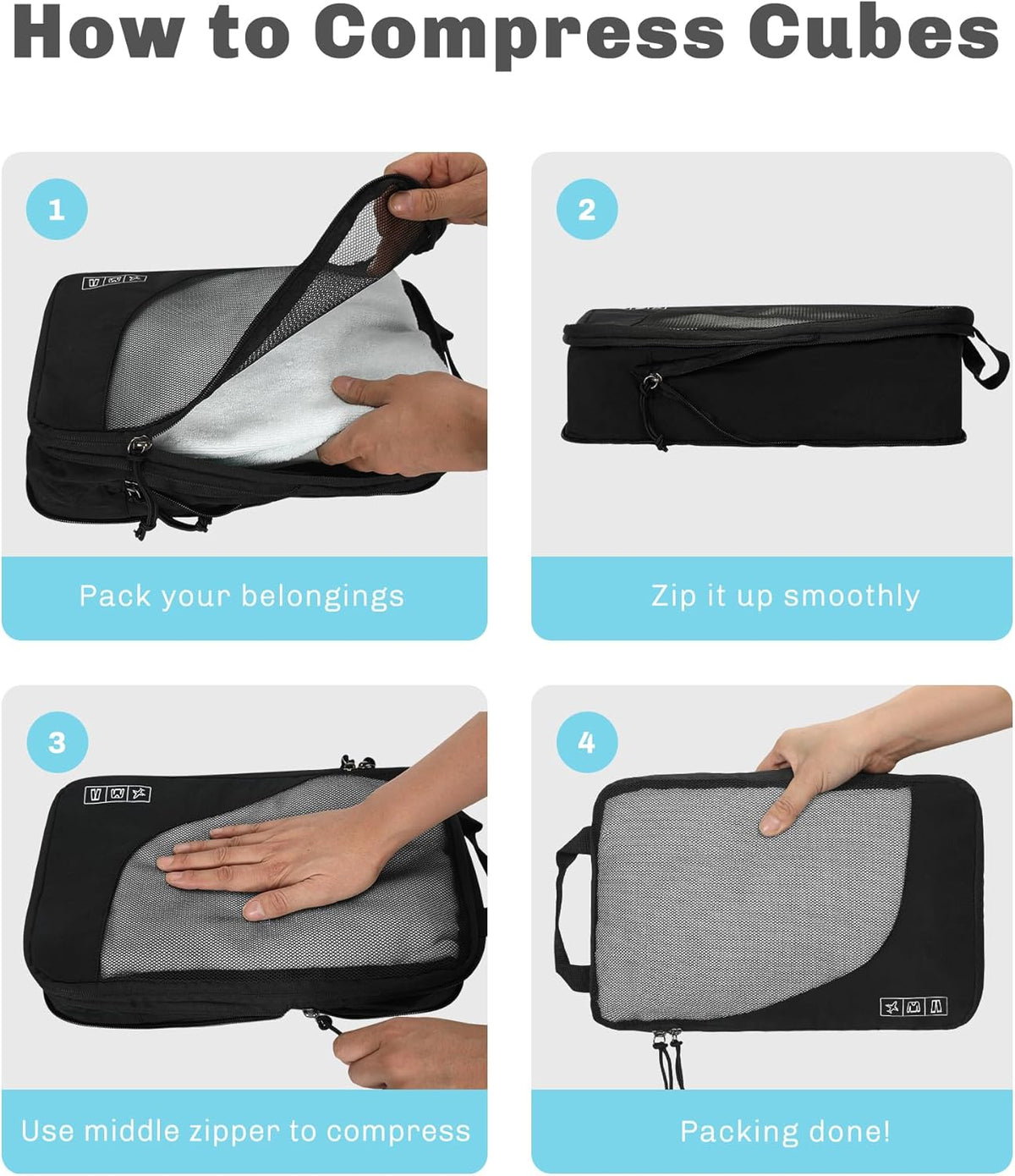 6 Set/ 4 Set/ 2 Set Compression Packing Cubes Travel Essentials Lightweight Nylon Luggage Suitcase Organizer Bag Light Blue 2PCS
