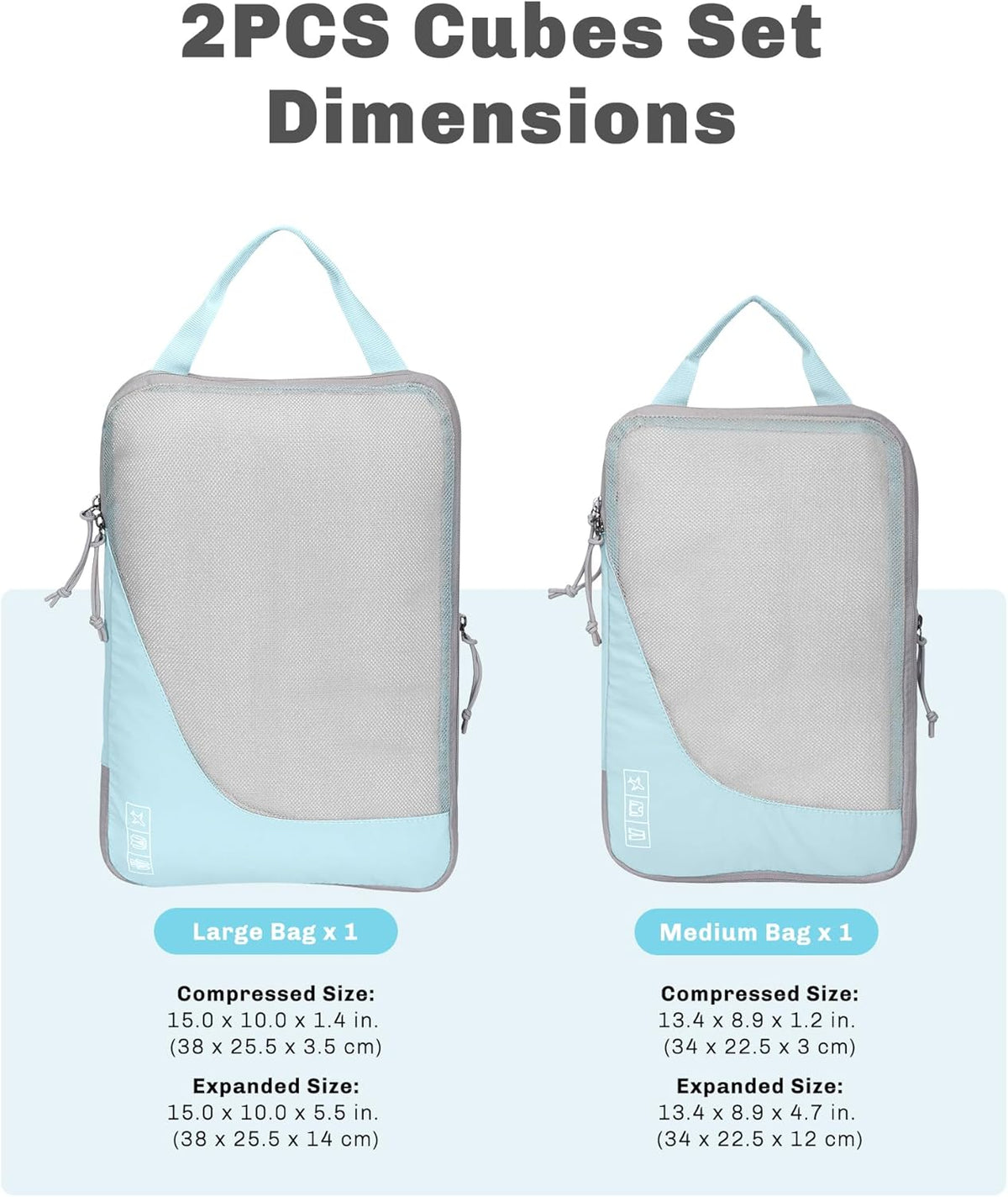 6 Set/ 4 Set/ 2 Set Compression Packing Cubes Travel Essentials Lightweight Nylon Luggage Suitcase Organizer Bag Light Blue 2PCS