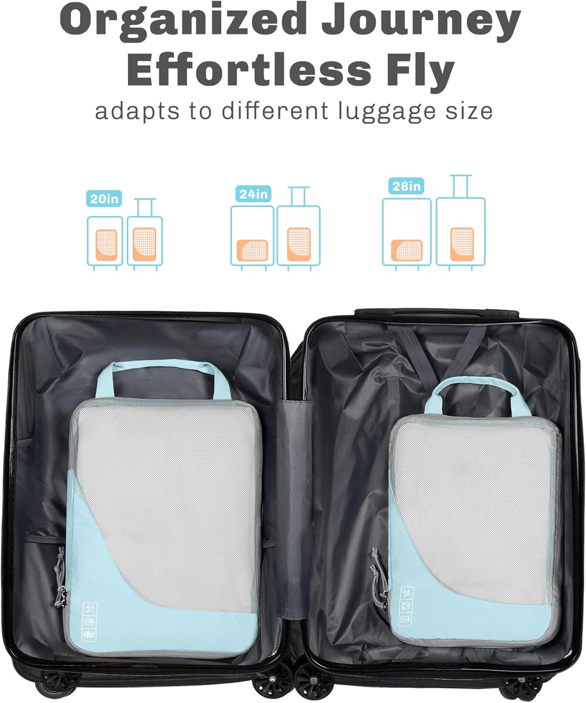 6 Set/ 4 Set/ 2 Set Compression Packing Cubes Travel Essentials Lightweight Nylon Luggage Suitcase Organizer Bag Light Blue 2PCS