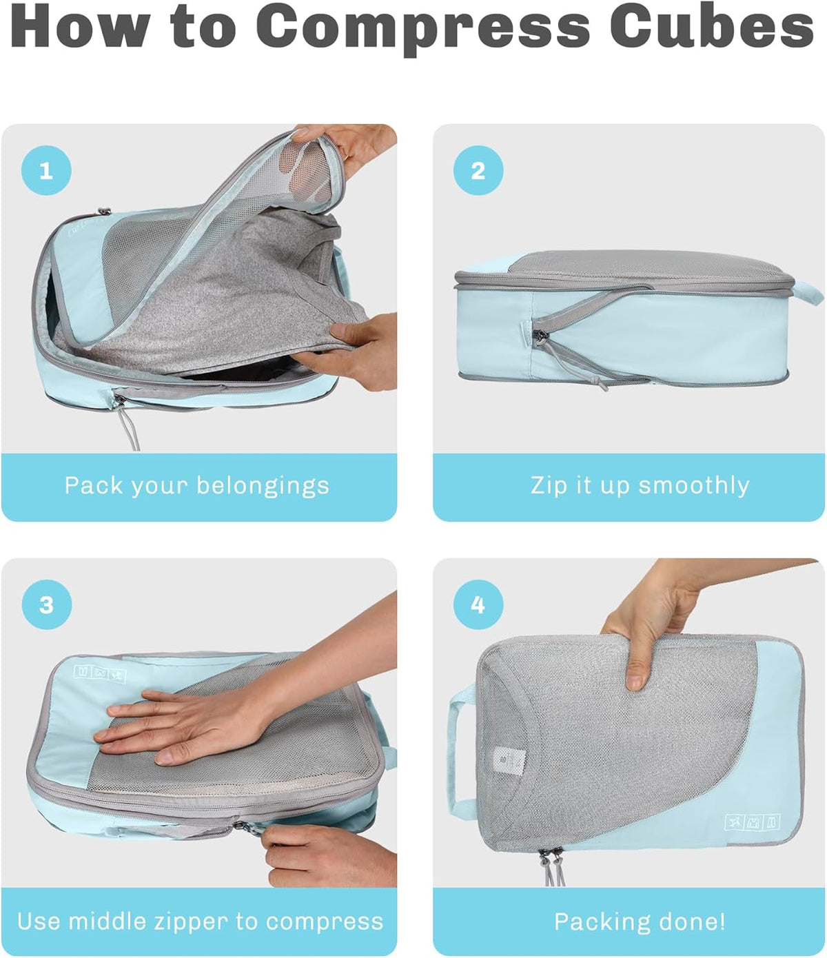 6 Set/ 4 Set/ 2 Set Compression Packing Cubes Travel Essentials Lightweight Nylon Luggage Suitcase Organizer Bag Light Blue 2PCS