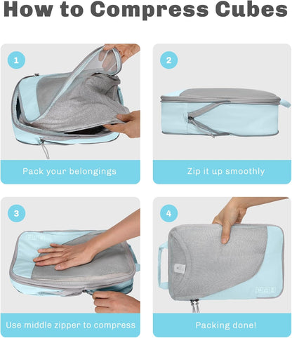 6 Set/ 4 Set/ 2 Set Compression Packing Cubes Travel Essentials Lightweight Nylon Luggage Suitcase Organizer Bag Light Blue 2PCS
