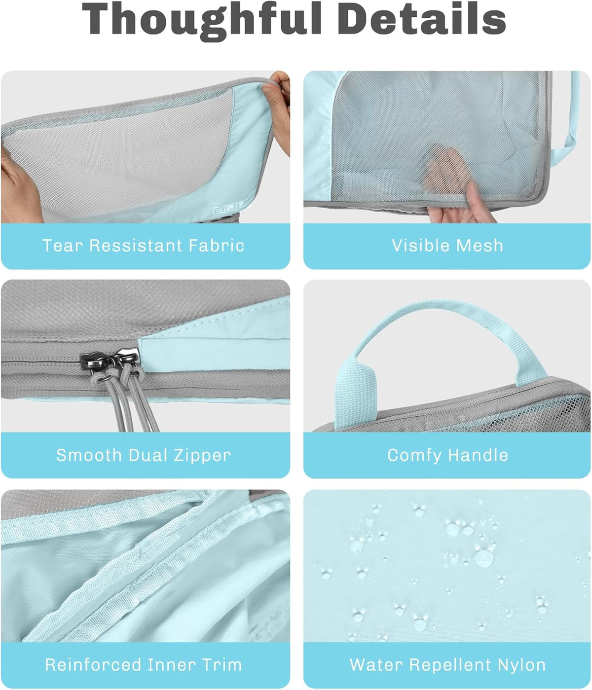 6 Set/ 4 Set/ 2 Set Compression Packing Cubes Travel Essentials Lightweight Nylon Luggage Suitcase Organizer Bag Light Blue 2PCS