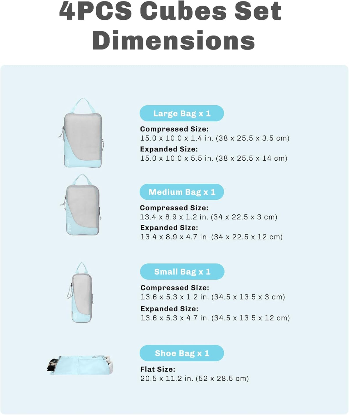 6 Set/ 4 Set/ 2 Set Compression Packing Cubes Travel Essentials Lightweight Nylon Luggage Suitcase Organizer Bag Light Blue 2PCS