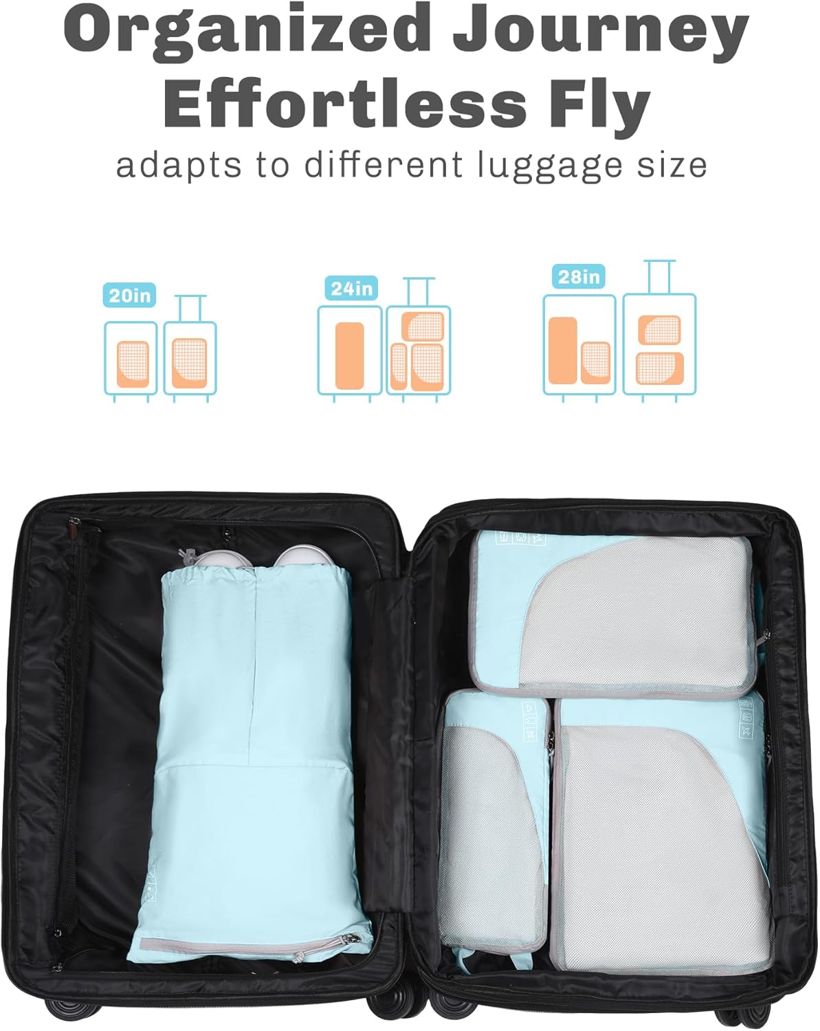 6 Set/ 4 Set/ 2 Set Compression Packing Cubes Travel Essentials Lightweight Nylon Luggage Suitcase Organizer Bag Light Blue 2PCS
