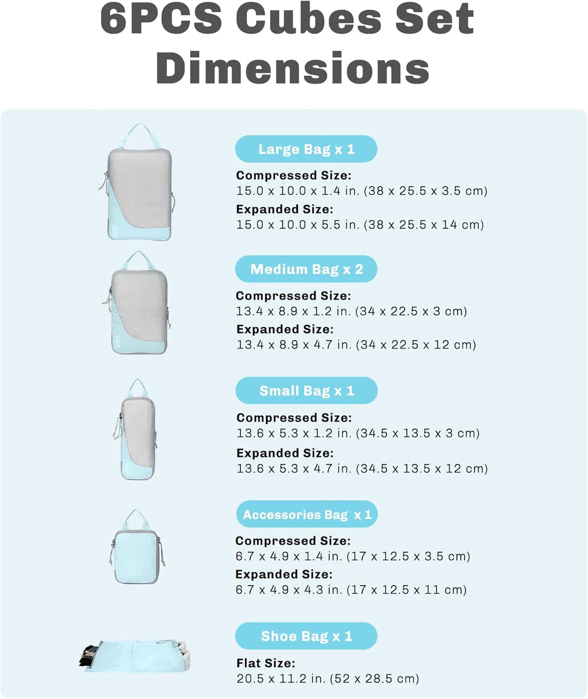 6 Set/ 4 Set/ 2 Set Compression Packing Cubes Travel Essentials Lightweight Nylon Luggage Suitcase Organizer Bag Light Blue 2PCS