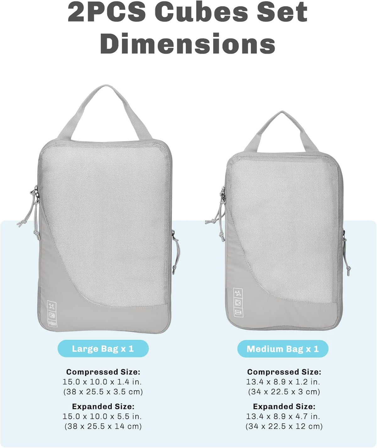 6 Set/ 4 Set/ 2 Set Compression Packing Cubes Travel Essentials Lightweight Nylon Luggage Suitcase Organizer Bag Light Blue 2PCS