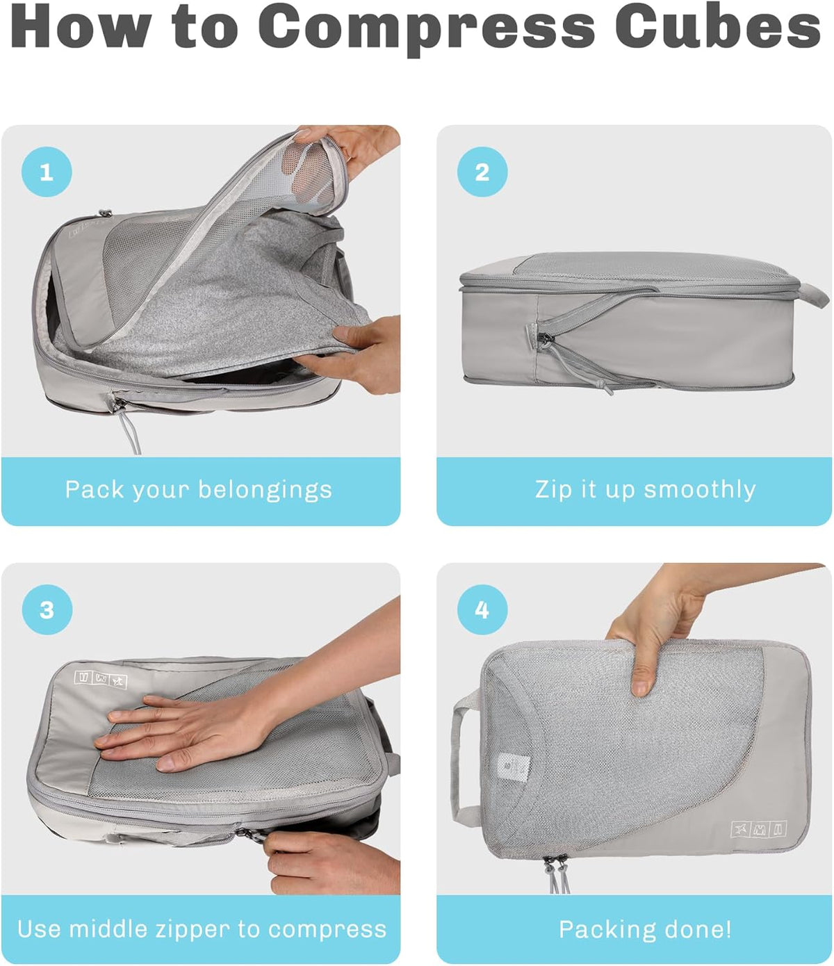 6 Set/ 4 Set/ 2 Set Compression Packing Cubes Travel Essentials Lightweight Nylon Luggage Suitcase Organizer Bag Light Blue 2PCS