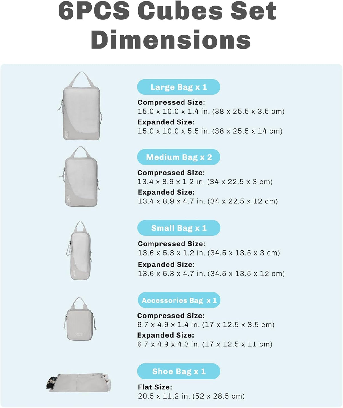 6 Set/ 4 Set/ 2 Set Compression Packing Cubes Travel Essentials Lightweight Nylon Luggage Suitcase Organizer Bag Light Blue 2PCS