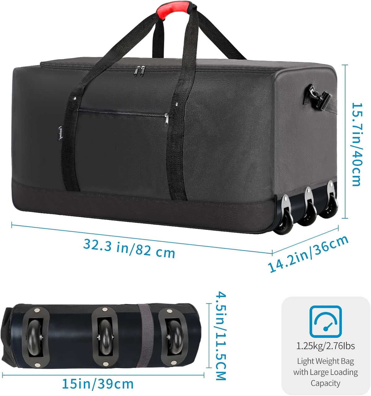 120L Foldable Rolling Duffel Bag with 3 Wheels, Light Weight Travel Duffel bag with Large Loading Capacity, 32'' Rolling Duffel bag with Shoulder Strap
