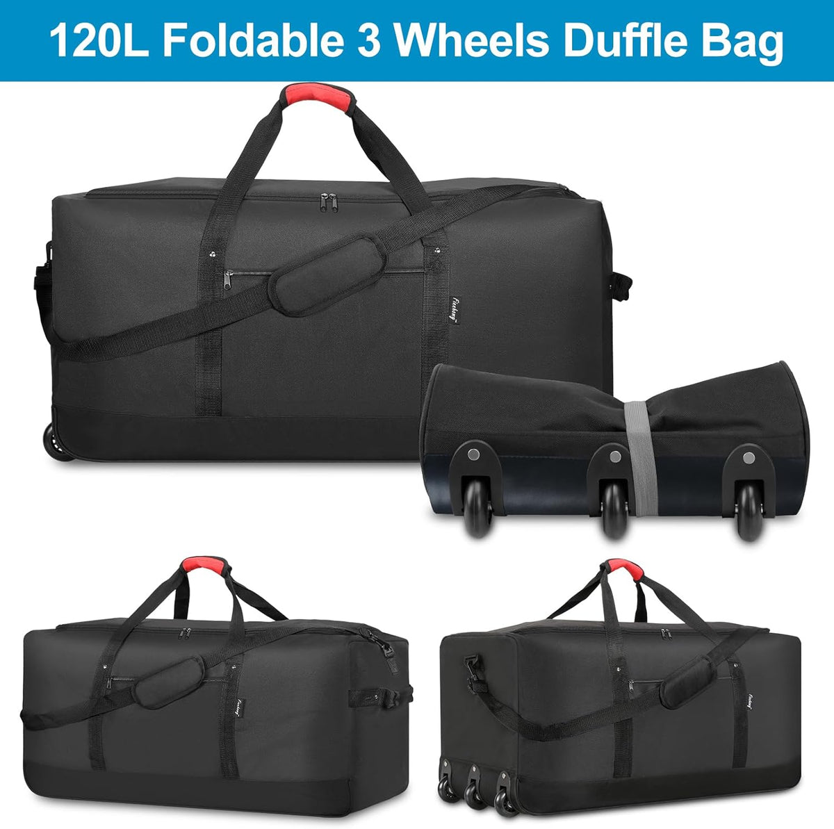 120L Foldable Rolling Duffel Bag with 3 Wheels, Light Weight Travel Duffel bag with Large Loading Capacity, 32'' Rolling Duffel bag with Shoulder Strap