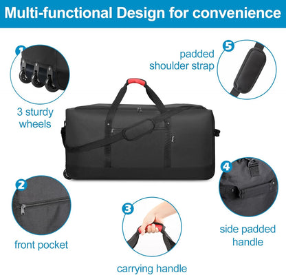 120L Foldable Rolling Duffel Bag with 3 Wheels, Light Weight Travel Duffel bag with Large Loading Capacity, 32'' Rolling Duffel bag with Shoulder Strap