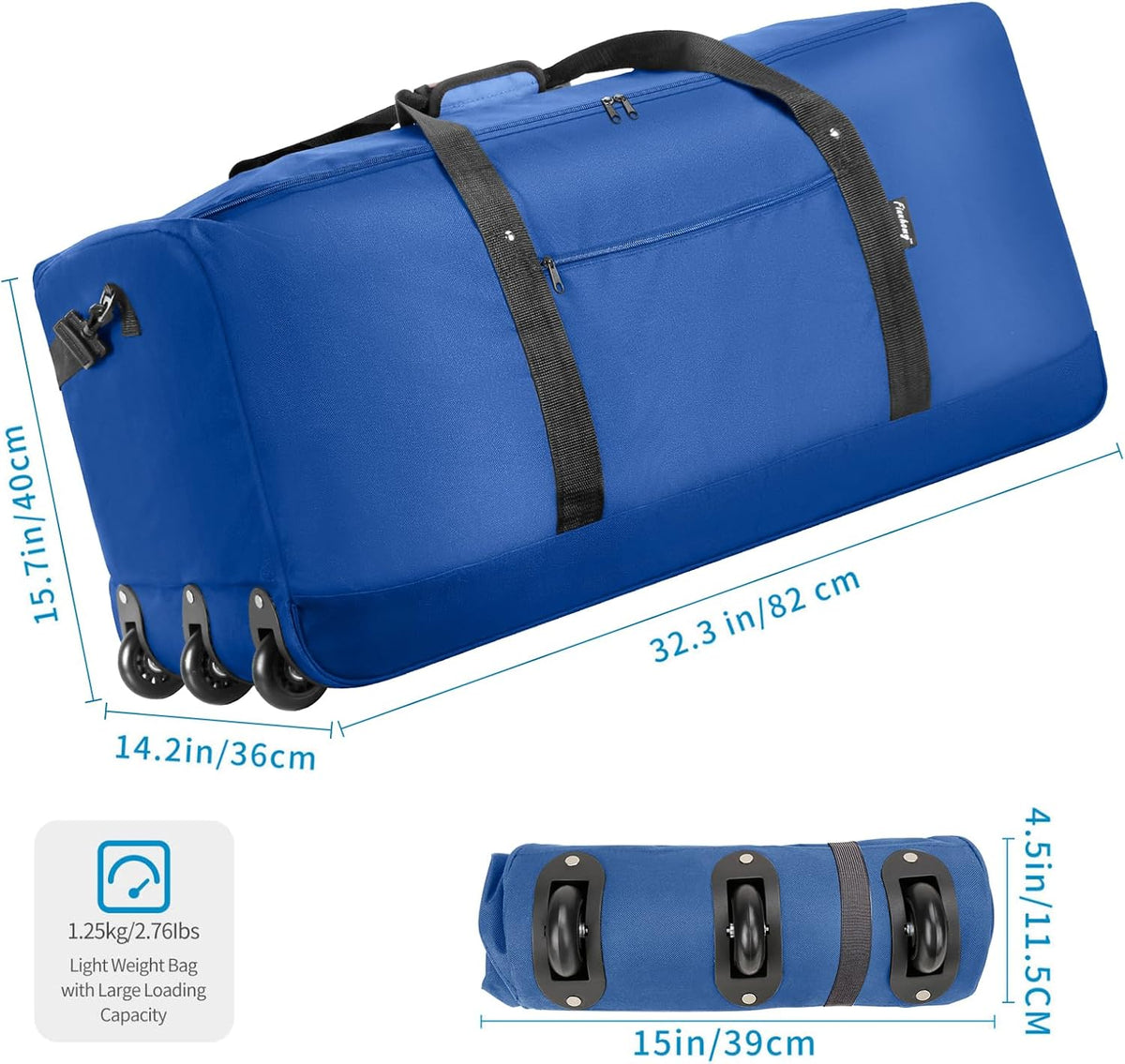 120L Foldable Rolling Duffel Bag with 3 Wheels, Light Weight Travel Duffel bag with Large Loading Capacity, 32'' Rolling Duffel bag with Shoulder Strap