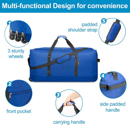 120L Foldable Rolling Duffel Bag with 3 Wheels, Light Weight Travel Duffel bag with Large Loading Capacity, 32'' Rolling Duffel bag with Shoulder Strap