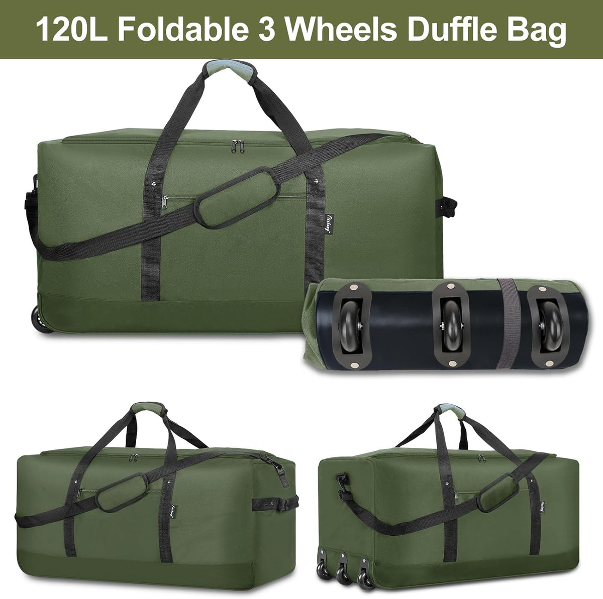 120L Foldable Rolling Duffel Bag with 3 Wheels, Light Weight Travel Duffel bag with Large Loading Capacity, 32'' Rolling Duffel bag with Shoulder Strap