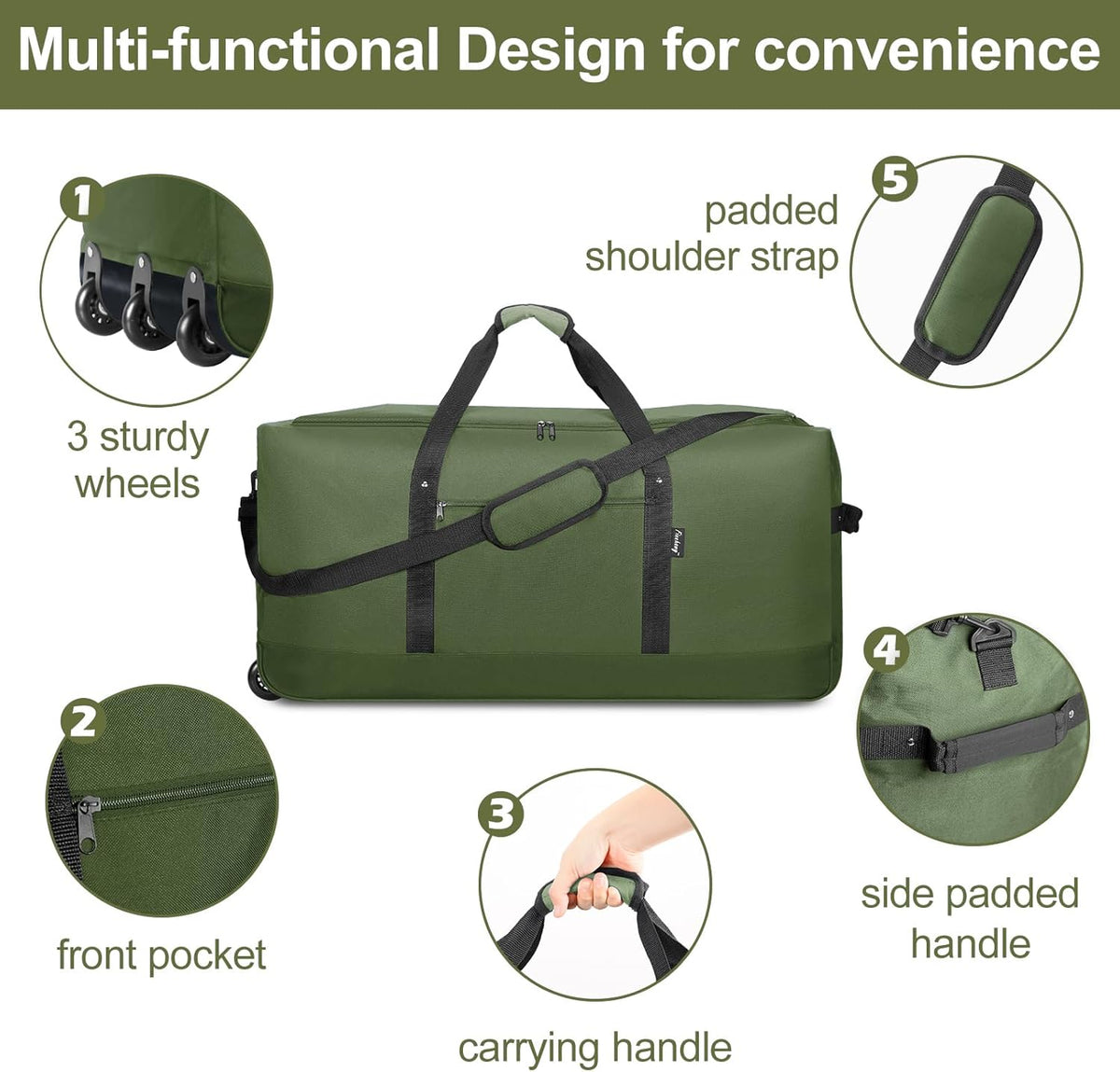 120L Foldable Rolling Duffel Bag with 3 Wheels, Light Weight Travel Duffel bag with Large Loading Capacity, 32'' Rolling Duffel bag with Shoulder Strap