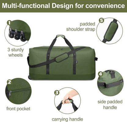 120L Foldable Rolling Duffel Bag with 3 Wheels, Light Weight Travel Duffel bag with Large Loading Capacity, 32'' Rolling Duffel bag with Shoulder Strap