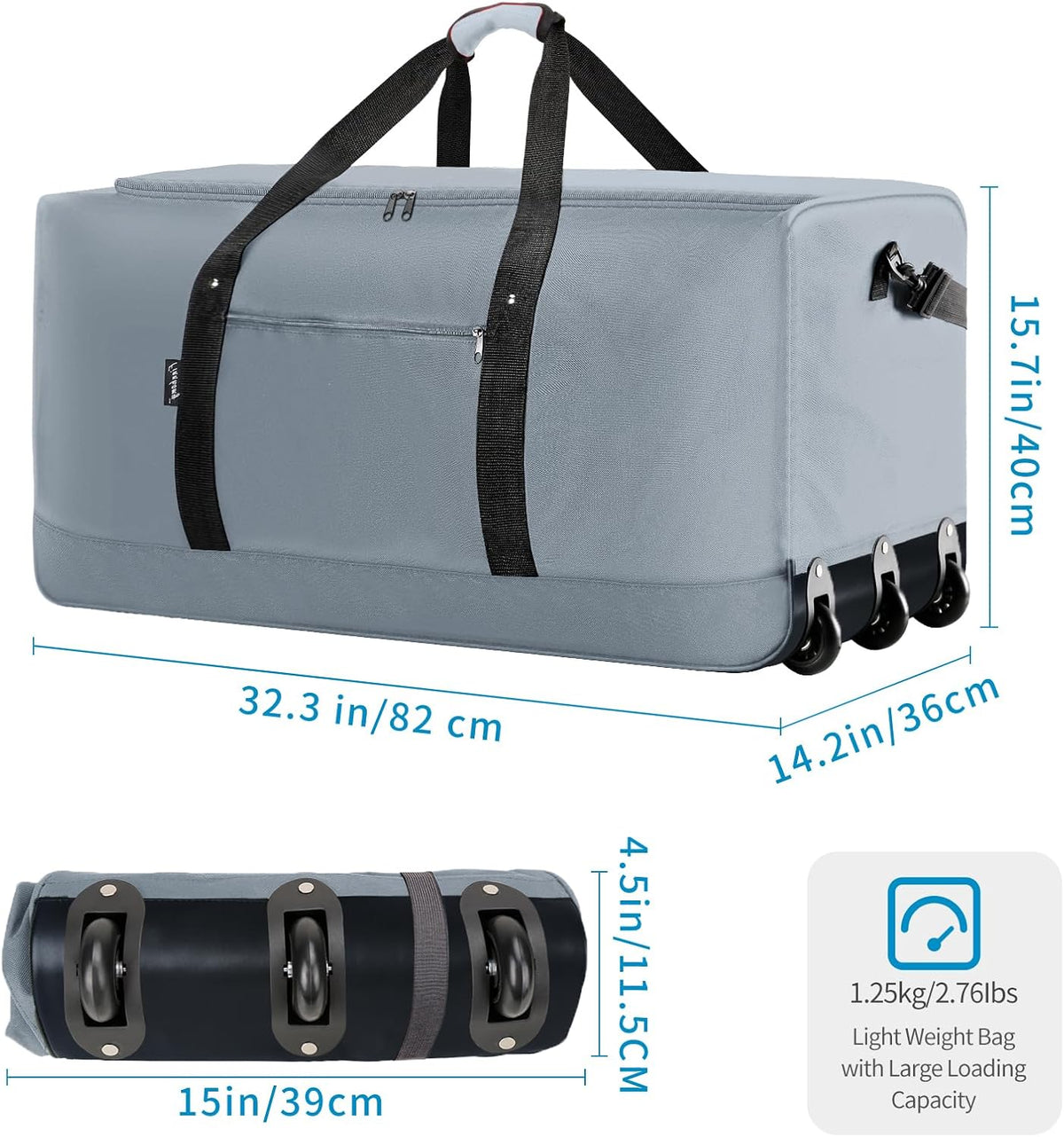 120L Foldable Rolling Duffel Bag with 3 Wheels, Light Weight Travel Duffel bag with Large Loading Capacity, 32'' Rolling Duffel bag with Shoulder Strap